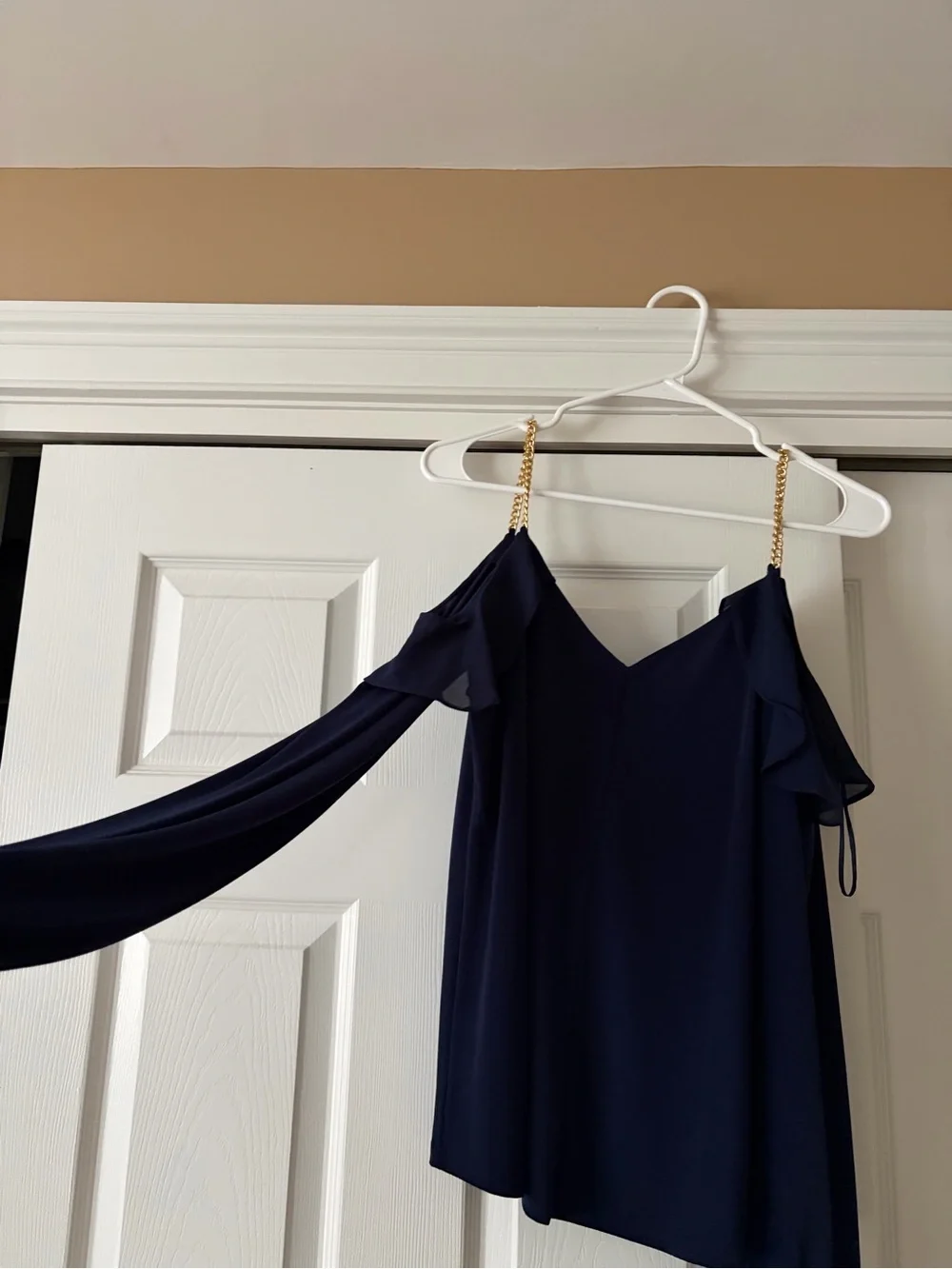 Michael Kors Navy Cold-Shoulder Blouse with Gold Chain Straps